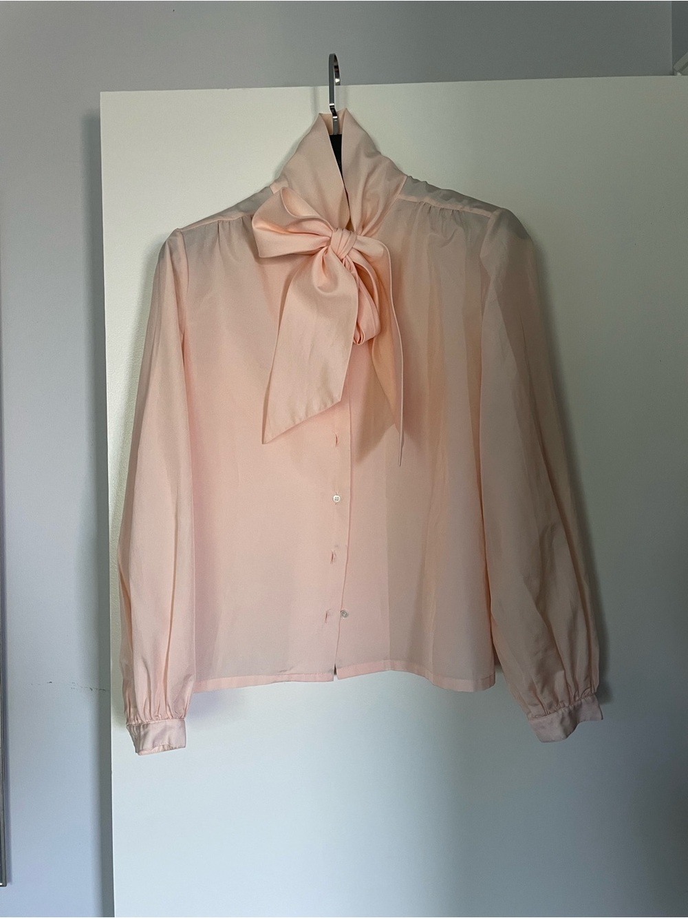 Vintage 80s French Light Peach Bow-Neck Blouse